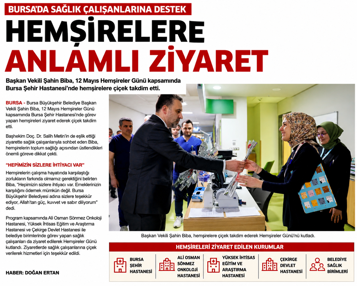 Bursa Büyükşehir Belediye Başkan Vekili Şahin Biba, 12 Mayıs Hemşireler