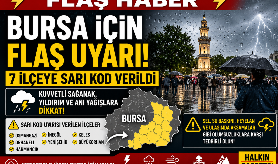 7 İLÇEYE SARI KOD VERİLDİ Meteoroloji, Bursa’da Osmangazi ve İnegöl dahil 7 ilçe için sarı