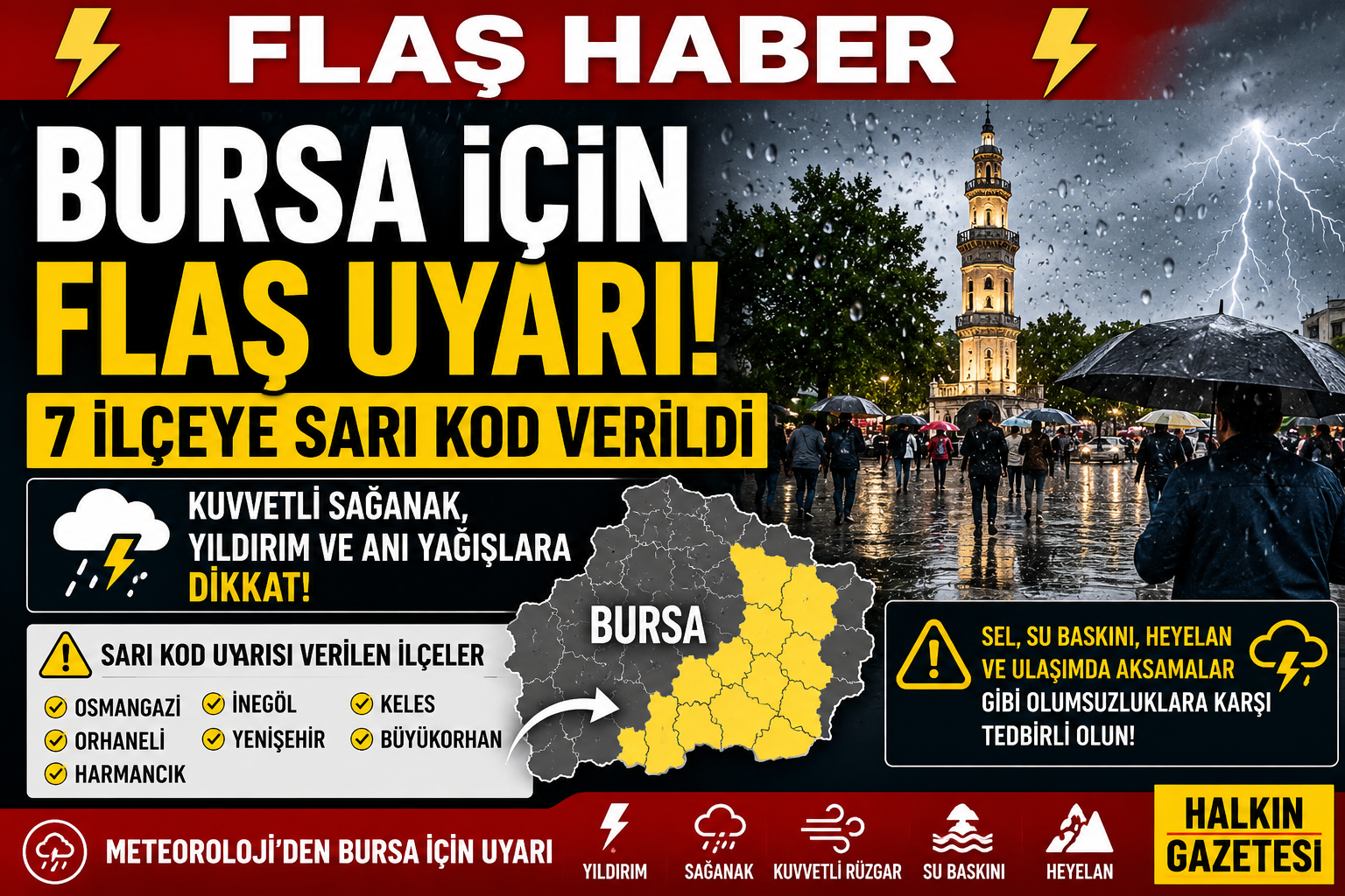7 İLÇEYE SARI KOD VERİLDİ Meteoroloji, Bursa’da Osmangazi ve İnegöl dahil 7 ilçe için sarı