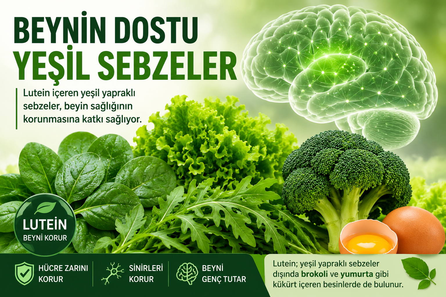 Yeşil yapraklı sebzelerde bulunan lutein, beyin hücrelerini koruyarak zihinsel performansın
