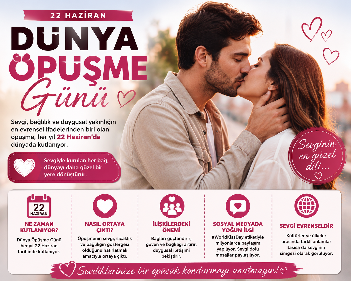 Her yıl 22 Haziran'da kutlanan Dünya Öpüşme Günü, sevgi, bağlılık